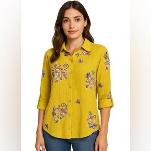 Fig & Flower Mustard Embroidered Button Front Blouse  Large | Boho Floral Top